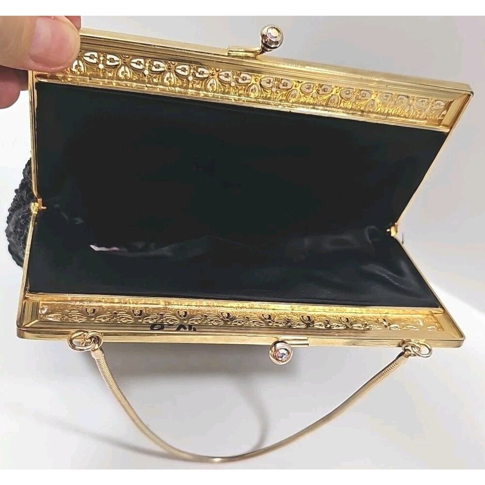 Vintage Walbaeg Beaded Evening Bag 1970's Black w Gold Finish Hardware - Picture 7 of 9